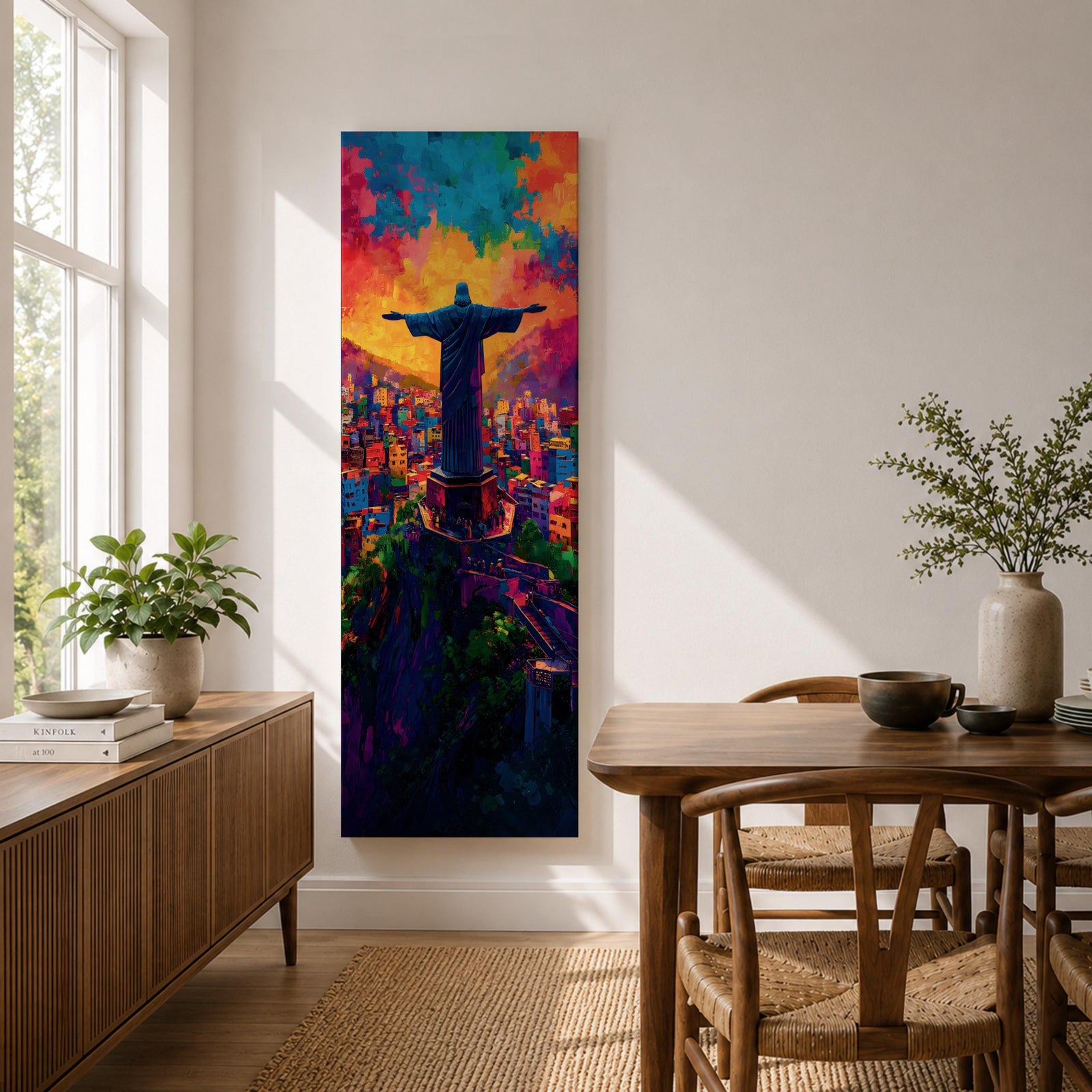 A tall vertical painting depicts Christ the Redeemer with arms outstretched overlooking a vibrant cityscape, rendered in bold expressive colors of orange, blue, pink, and purple, with textured brushstrokes and a glowing sky above, capturing a dynamic modern interpretation of the iconic statue set against a lively urban landscape.