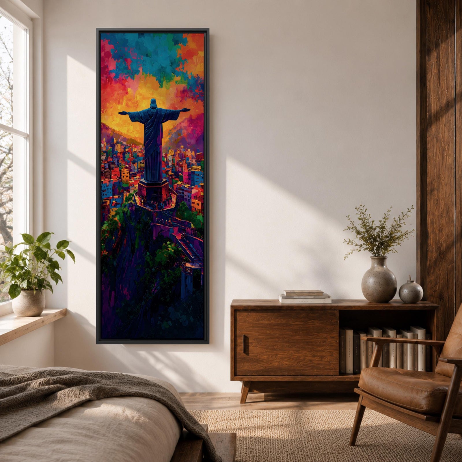A tall vertical painting depicts Christ the Redeemer with arms outstretched overlooking a vibrant cityscape, rendered in bold expressive colors of orange, blue, pink, and purple, with textured brushstrokes and a glowing sky above, capturing a dynamic modern interpretation of the iconic statue set against a lively urban landscape.
