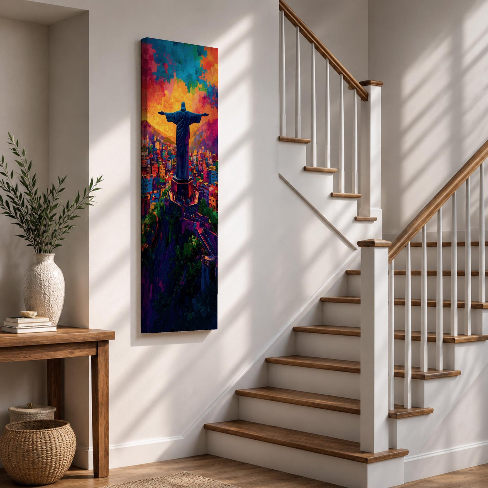 A tall vertical painting depicts Christ the Redeemer with arms outstretched overlooking a vibrant cityscape, rendered in bold expressive colors of orange, blue, pink, and purple, with textured brushstrokes and a glowing sky above, capturing a dynamic modern interpretation of the iconic statue set against a lively urban landscape.