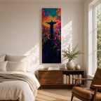 A tall vertical painting depicts Christ the Redeemer with arms outstretched overlooking a vibrant cityscape, rendered in bold expressive colors of orange, blue, pink, and purple, with textured brushstrokes and a glowing sky above, capturing a dynamic modern interpretation of the iconic statue set against a lively urban landscape.