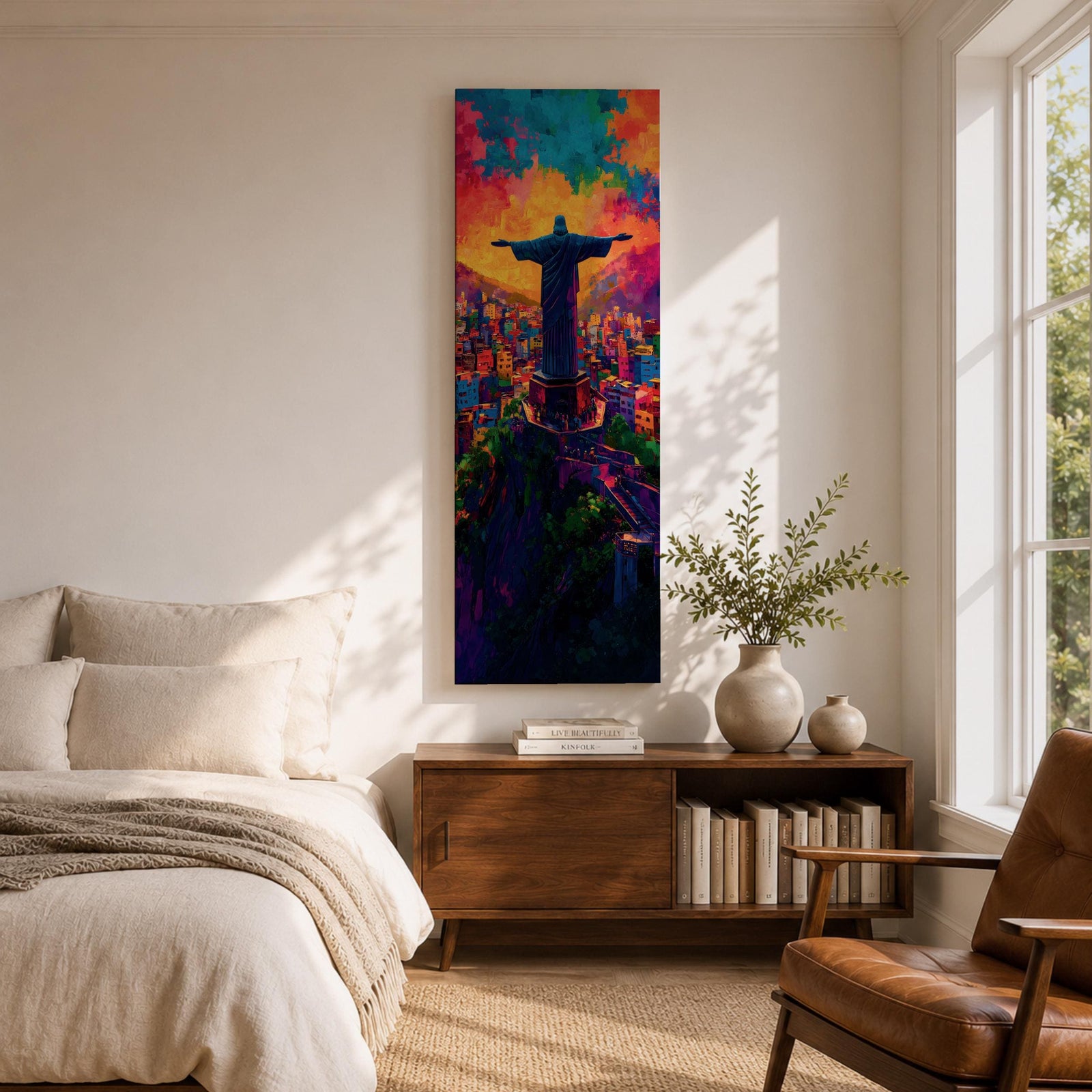 A tall vertical painting depicts Christ the Redeemer with arms outstretched overlooking a vibrant cityscape, rendered in bold expressive colors of orange, blue, pink, and purple, with textured brushstrokes and a glowing sky above, capturing a dynamic modern interpretation of the iconic statue set against a lively urban landscape.