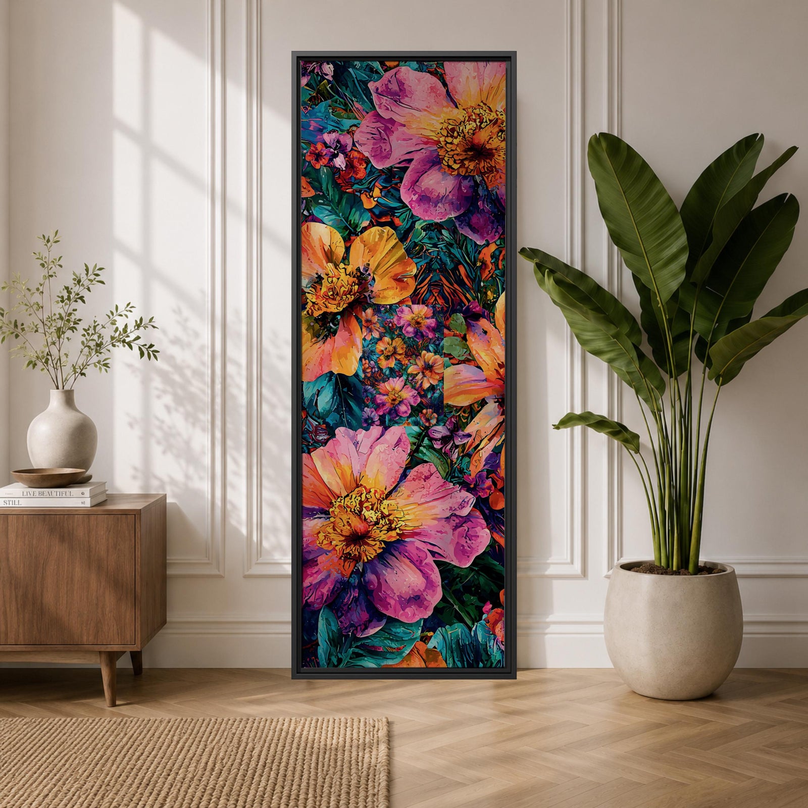 A tall vertical painting features colorful abstract flowers with large layered petals in vibrant shades of pink, orange, yellow, and purple, surrounded by dense green foliage and smaller blossoms, rendered with bold outlines and rich painterly texture, creating a dynamic modern botanical composition with depth and high contrast.