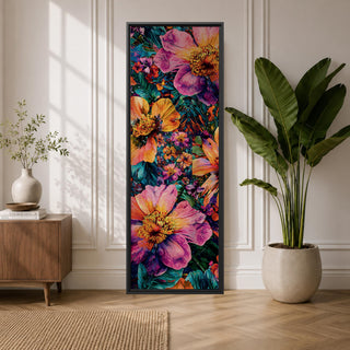 A tall vertical painting features colorful abstract flowers with large layered petals in vibrant shades of pink, orange, yellow, and purple, surrounded by dense green foliage and smaller blossoms, rendered with bold outlines and rich painterly texture, creating a dynamic modern botanical composition with depth and high contrast.