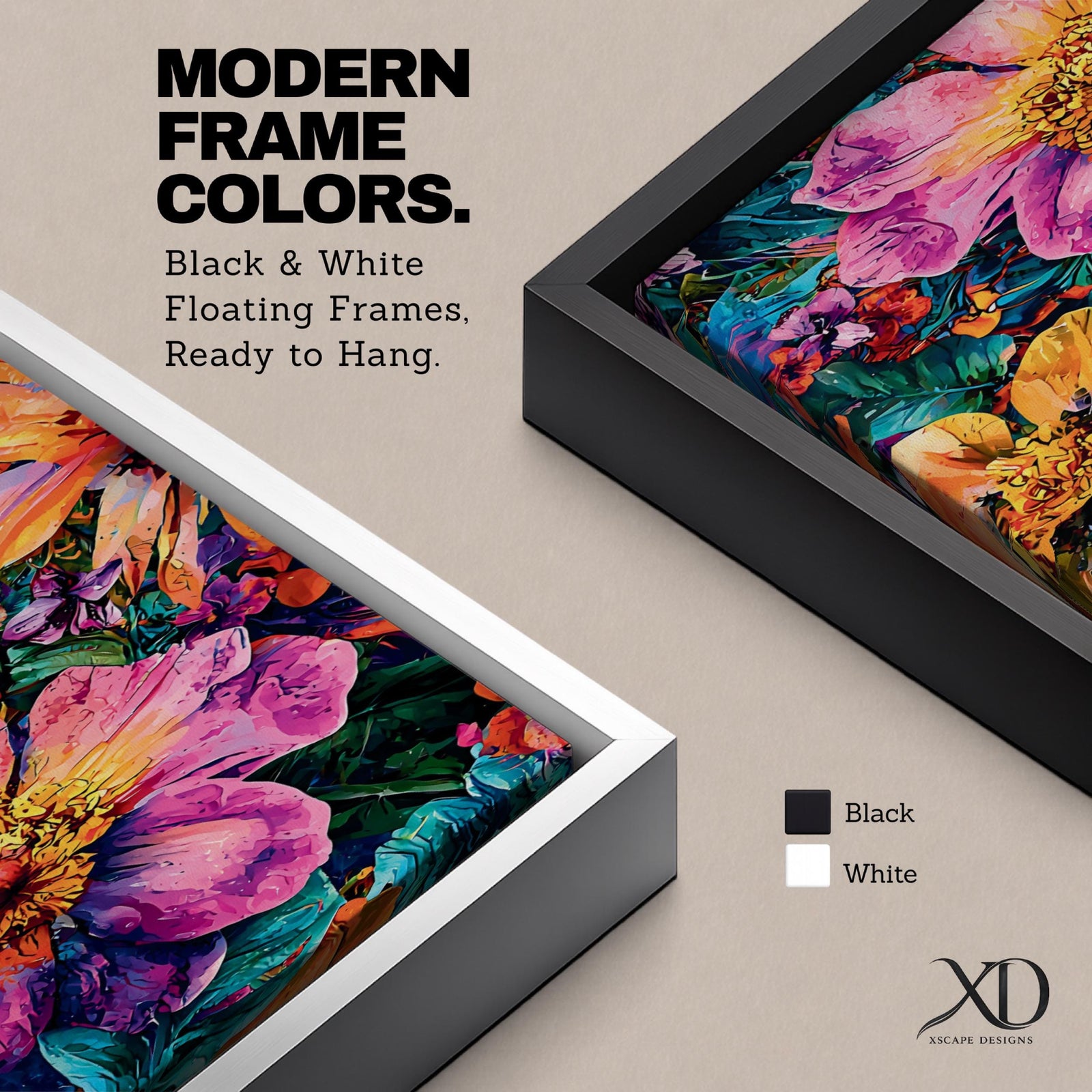 A tall vertical painting features colorful abstract flowers with large layered petals in vibrant shades of pink, orange, yellow, and purple, surrounded by dense green foliage and smaller blossoms, rendered with bold outlines and rich painterly texture, creating a dynamic modern botanical composition with depth and high contrast.