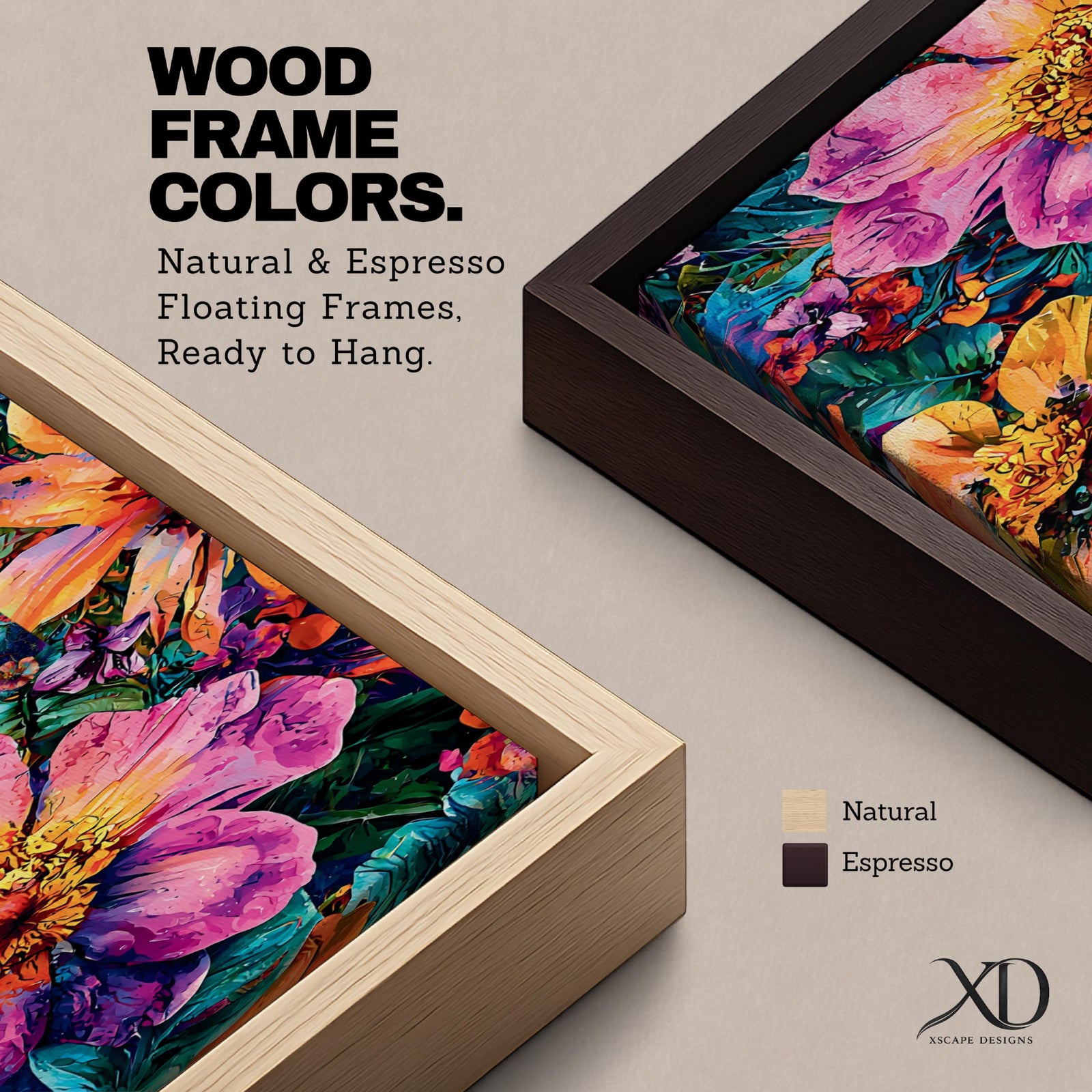 A tall vertical painting features colorful abstract flowers with large layered petals in vibrant shades of pink, orange, yellow, and purple, surrounded by dense green foliage and smaller blossoms, rendered with bold outlines and rich painterly texture, creating a dynamic modern botanical composition with depth and high contrast.