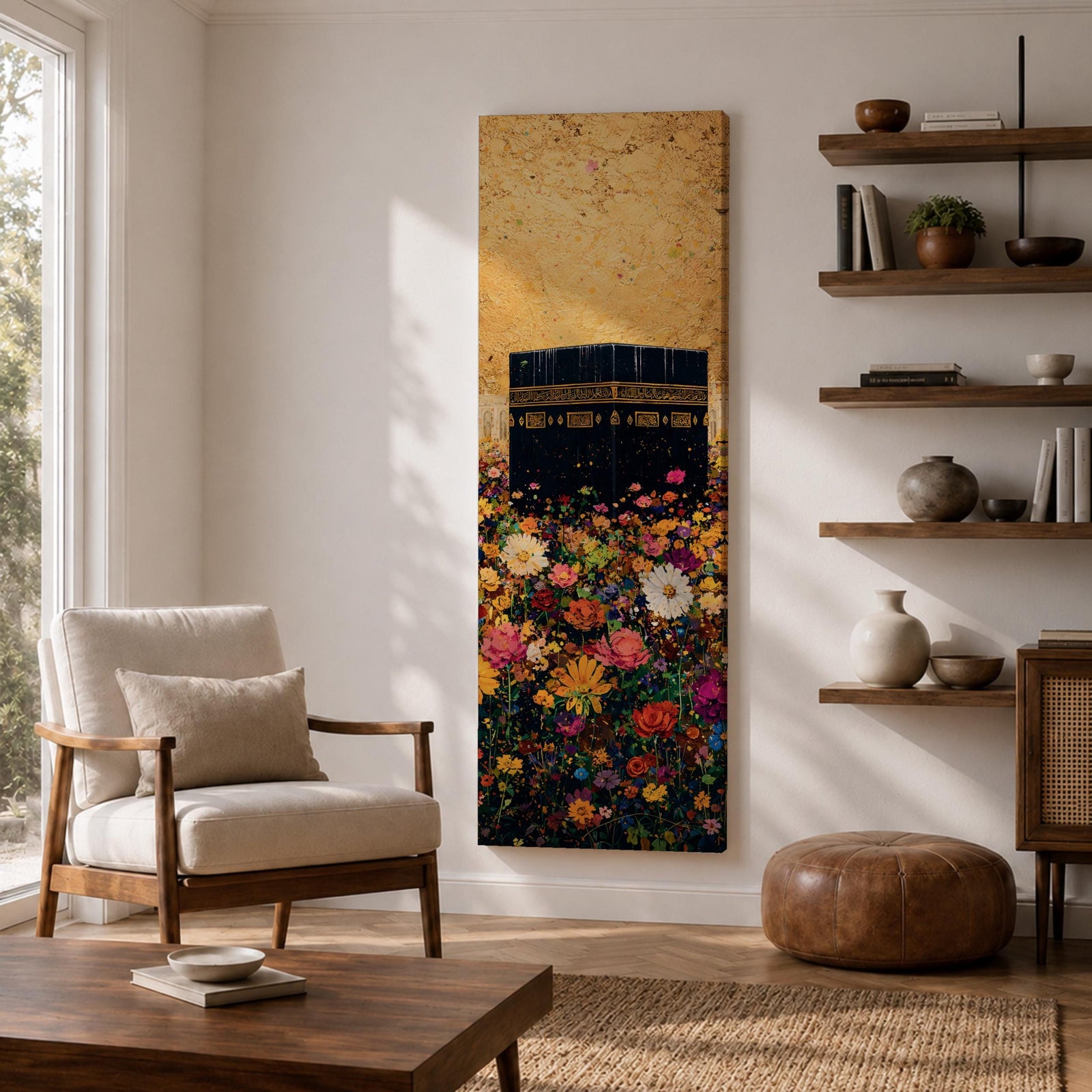 A tall narrow vertical artwork depicting the Kaaba in Mecca rising above a dense field of vibrant multicolored flowers, with rich gold tones in the sky and intricate detailing on the sacred structure, blending bold color contrasts with a long vertical composition that draws the eye upward in a striking and expressive style.