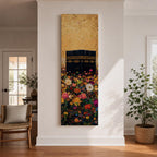 A tall narrow vertical artwork depicting the Kaaba in Mecca rising above a dense field of vibrant multicolored flowers, with rich gold tones in the sky and intricate detailing on the sacred structure, blending bold color contrasts with a long vertical composition that draws the eye upward in a striking and expressive style.