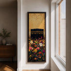 A tall narrow vertical artwork depicting the Kaaba in Mecca rising above a dense field of vibrant multicolored flowers, with rich gold tones in the sky and intricate detailing on the sacred structure, blending bold color contrasts with a long vertical composition that draws the eye upward in a striking and expressive style.