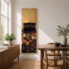 A tall narrow vertical artwork depicting the Kaaba in Mecca rising above a dense field of vibrant multicolored flowers, with rich gold tones in the sky and intricate detailing on the sacred structure, blending bold color contrasts with a long vertical composition that draws the eye upward in a striking and expressive style.