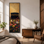 A tall narrow vertical artwork depicting the Kaaba in Mecca rising above a dense field of vibrant multicolored flowers, with rich gold tones in the sky and intricate detailing on the sacred structure, blending bold color contrasts with a long vertical composition that draws the eye upward in a striking and expressive style.
