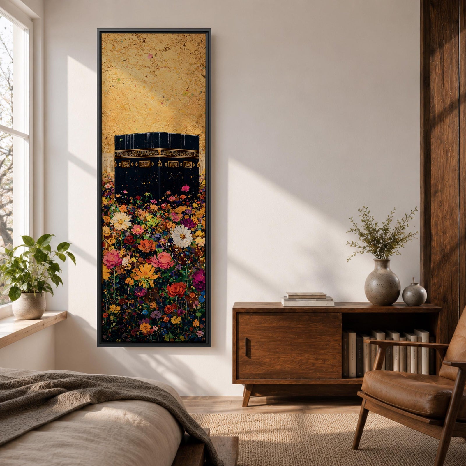 A tall narrow vertical artwork depicting the Kaaba in Mecca rising above a dense field of vibrant multicolored flowers, with rich gold tones in the sky and intricate detailing on the sacred structure, blending bold color contrasts with a long vertical composition that draws the eye upward in a striking and expressive style.