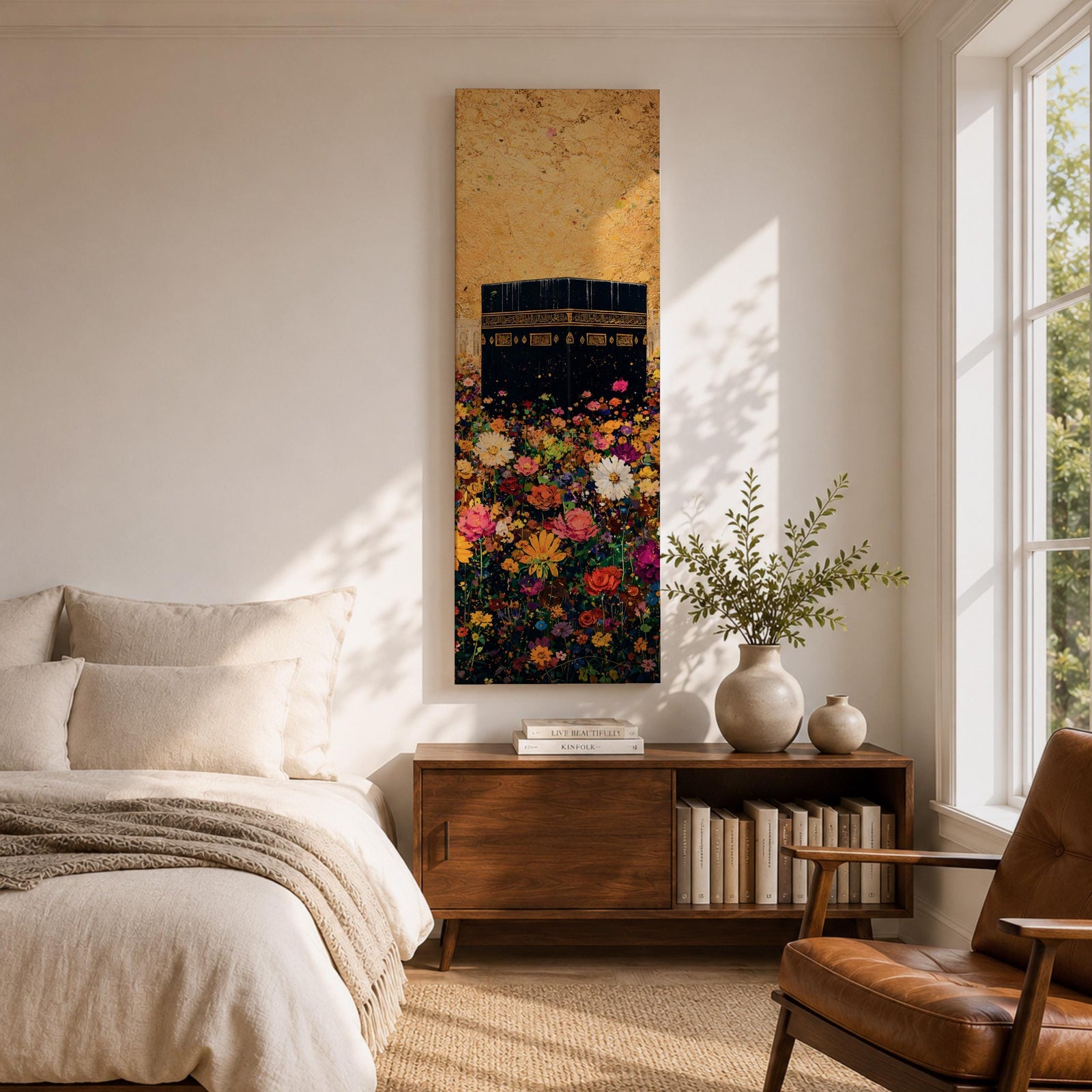 A tall narrow vertical artwork depicting the Kaaba in Mecca rising above a dense field of vibrant multicolored flowers, with rich gold tones in the sky and intricate detailing on the sacred structure, blending bold color contrasts with a long vertical composition that draws the eye upward in a striking and expressive style.