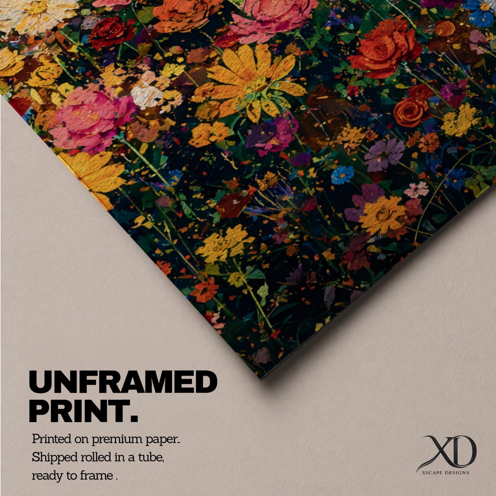 A tall narrow vertical artwork depicting the Kaaba in Mecca rising above a dense field of vibrant multicolored flowers, with rich gold tones in the sky and intricate detailing on the sacred structure, blending bold color contrasts with a long vertical composition that draws the eye upward in a striking and expressive style.