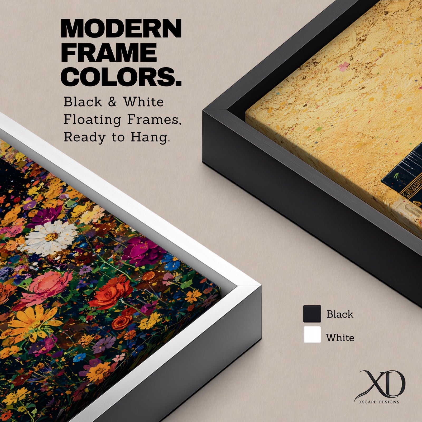 A tall narrow vertical artwork depicting the Kaaba in Mecca rising above a dense field of vibrant multicolored flowers, with rich gold tones in the sky and intricate detailing on the sacred structure, blending bold color contrasts with a long vertical composition that draws the eye upward in a striking and expressive style.