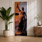 A tall vertical artwork depicts Lady Justice as a classical statue, blindfolded and holding balanced scales in one hand and a sword in the other, rendered in warm bronze tones against a textured background of muted gray and deep orange, with dramatic lighting enhancing the sculptural form and symbolic presence.