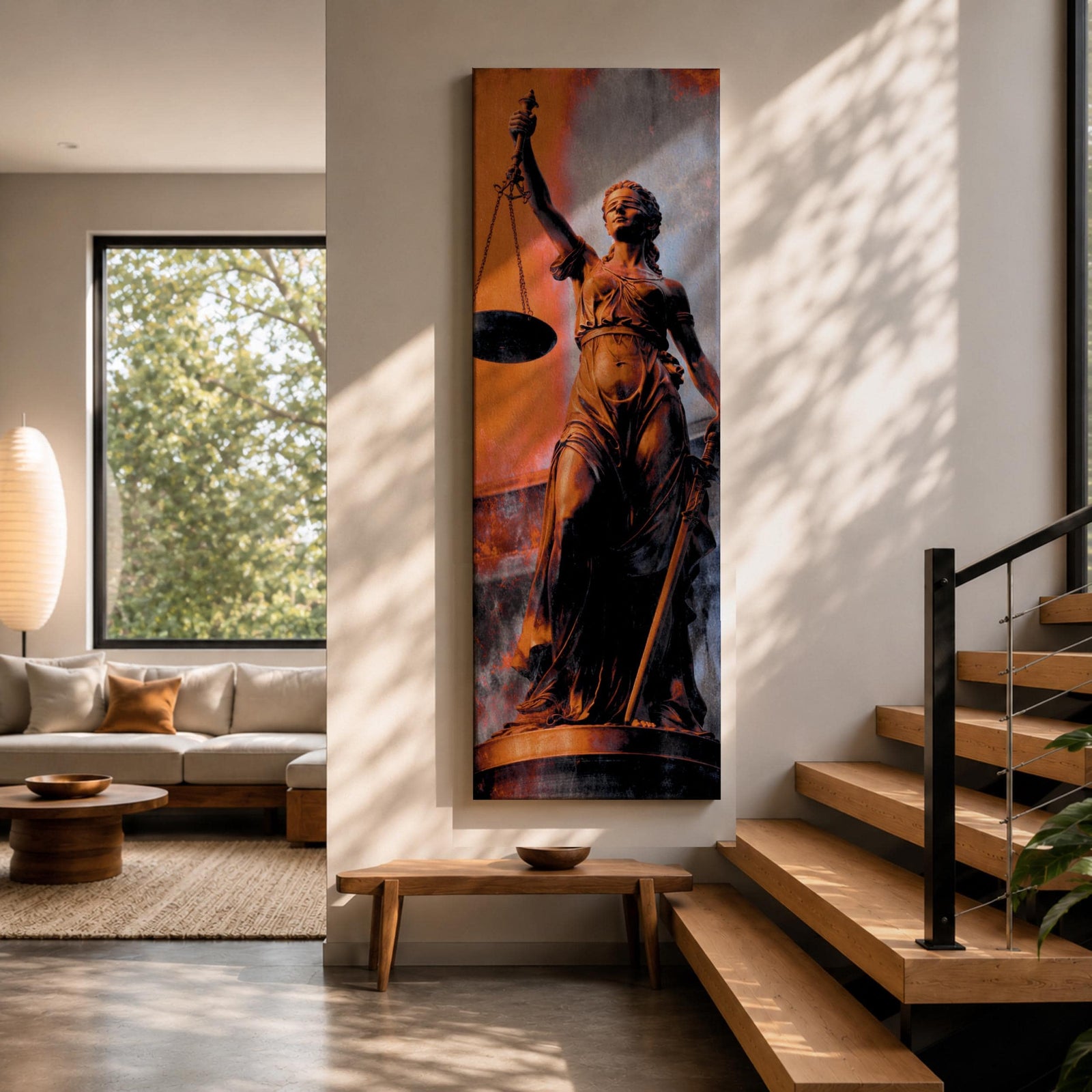 A tall vertical artwork depicts Lady Justice as a classical statue, blindfolded and holding balanced scales in one hand and a sword in the other, rendered in warm bronze tones against a textured background of muted gray and deep orange, with dramatic lighting enhancing the sculptural form and symbolic presence.