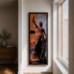 A tall vertical artwork depicts Lady Justice as a classical statue, blindfolded and holding balanced scales in one hand and a sword in the other, rendered in warm bronze tones against a textured background of muted gray and deep orange, with dramatic lighting enhancing the sculptural form and symbolic presence.