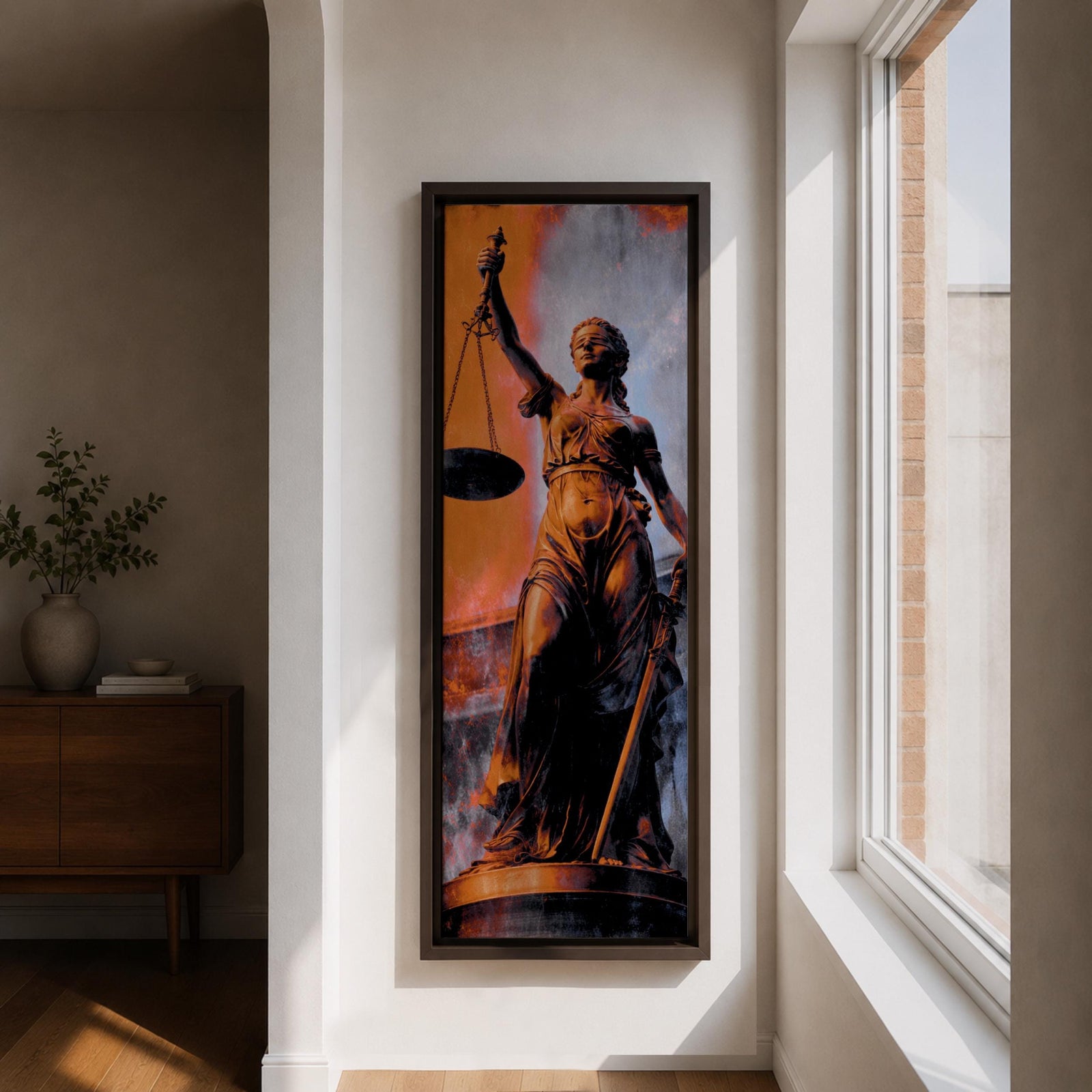 A tall vertical artwork depicts Lady Justice as a classical statue, blindfolded and holding balanced scales in one hand and a sword in the other, rendered in warm bronze tones against a textured background of muted gray and deep orange, with dramatic lighting enhancing the sculptural form and symbolic presence.