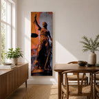 A tall vertical artwork depicts Lady Justice as a classical statue, blindfolded and holding balanced scales in one hand and a sword in the other, rendered in warm bronze tones against a textured background of muted gray and deep orange, with dramatic lighting enhancing the sculptural form and symbolic presence.