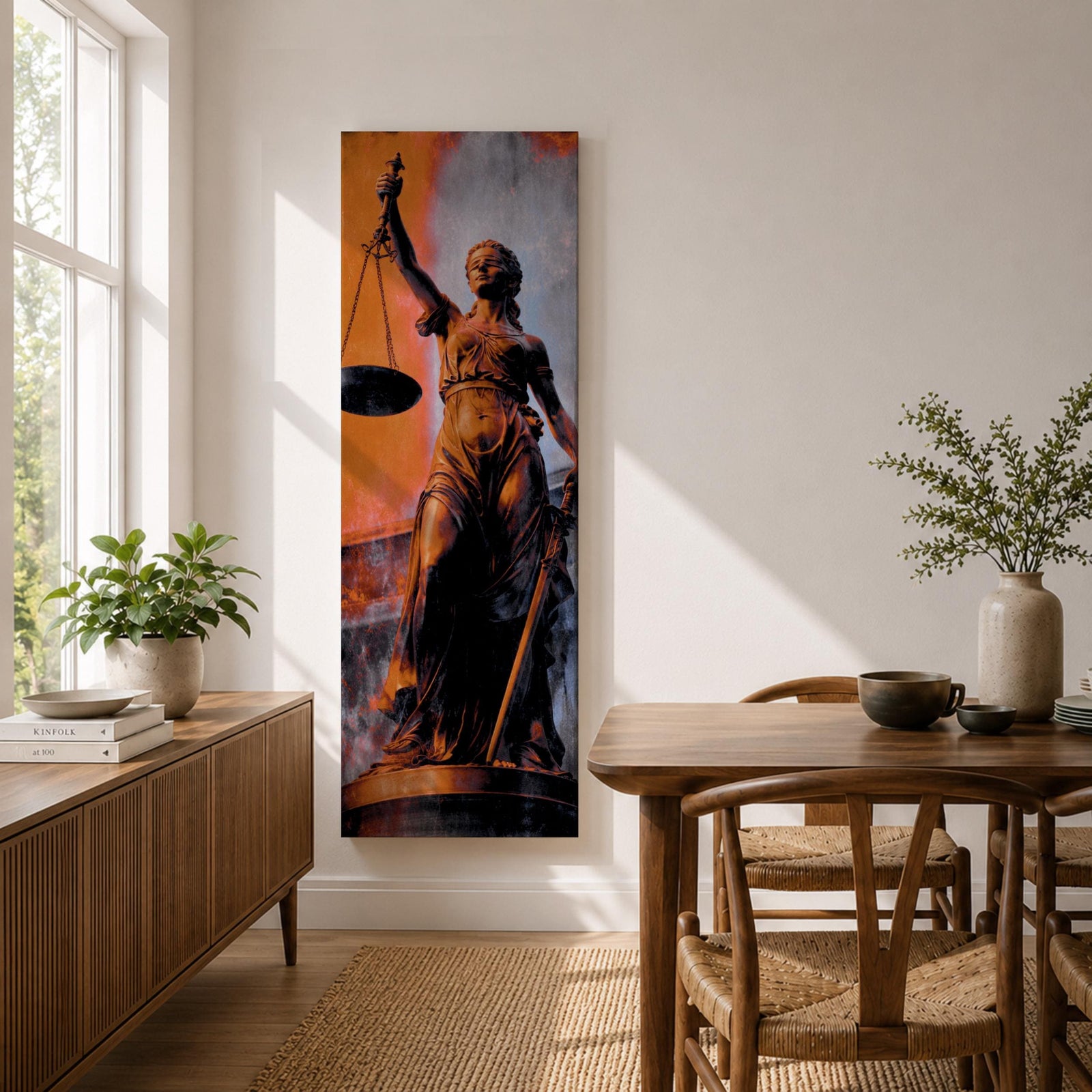 A tall vertical artwork depicts Lady Justice as a classical statue, blindfolded and holding balanced scales in one hand and a sword in the other, rendered in warm bronze tones against a textured background of muted gray and deep orange, with dramatic lighting enhancing the sculptural form and symbolic presence.