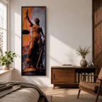 A tall vertical artwork depicts Lady Justice as a classical statue, blindfolded and holding balanced scales in one hand and a sword in the other, rendered in warm bronze tones against a textured background of muted gray and deep orange, with dramatic lighting enhancing the sculptural form and symbolic presence.