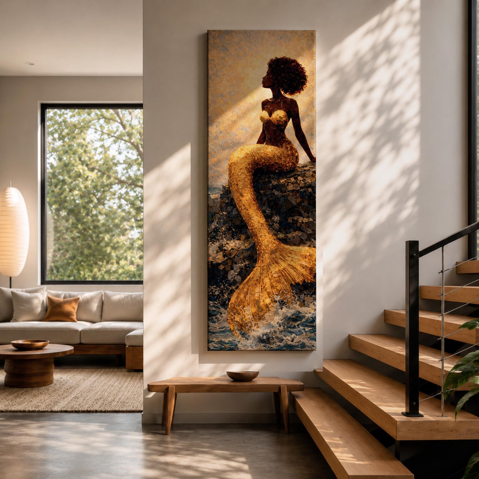 A tall narrow vertical depiction of a Black mermaid with a natural afro hairstyle seated on rocky shoreline, her shimmering gold tail cascading downward into the water, rendered with textured tile like detail and warm light reflecting across her form, creating a bold composition with contrast, depth, and coastal atmosphere.