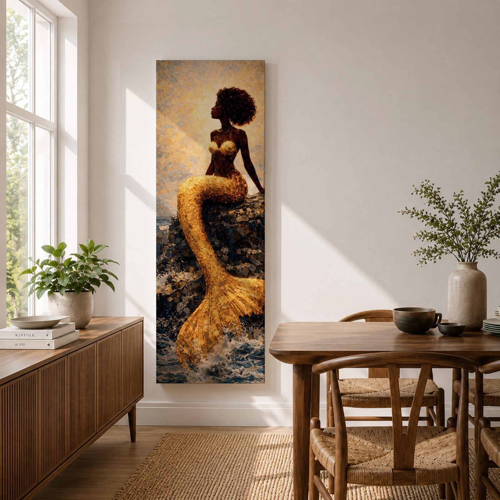 A tall narrow vertical depiction of a Black mermaid with a natural afro hairstyle seated on rocky shoreline, her shimmering gold tail cascading downward into the water, rendered with textured tile like detail and warm light reflecting across her form, creating a bold composition with contrast, depth, and coastal atmosphere.