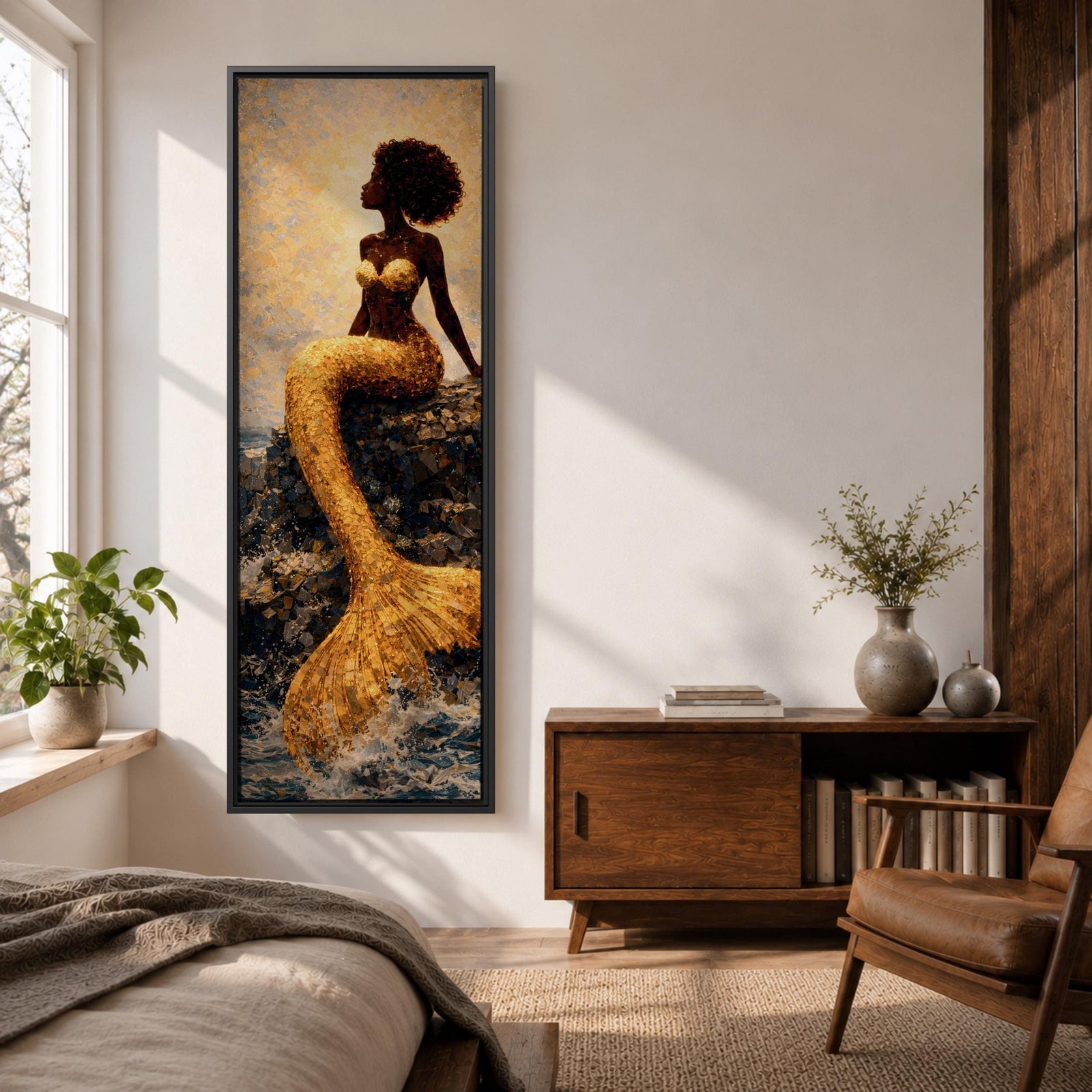 A tall narrow vertical depiction of a Black mermaid with a natural afro hairstyle seated on rocky shoreline, her shimmering gold tail cascading downward into the water, rendered with textured tile like detail and warm light reflecting across her form, creating a bold composition with contrast, depth, and coastal atmosphere.