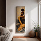 A tall narrow vertical depiction of a Black mermaid with a natural afro hairstyle seated on rocky shoreline, her shimmering gold tail cascading downward into the water, rendered with textured tile like detail and warm light reflecting across her form, creating a bold composition with contrast, depth, and coastal atmosphere.
