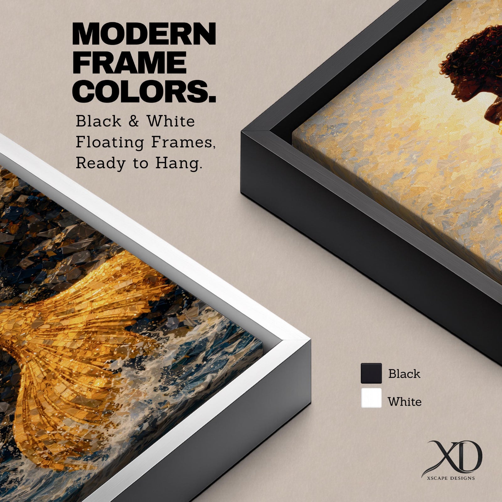 A tall narrow vertical depiction of a Black mermaid with a natural afro hairstyle seated on rocky shoreline, her shimmering gold tail cascading downward into the water, rendered with textured tile like detail and warm light reflecting across her form, creating a bold composition with contrast, depth, and coastal atmosphere.