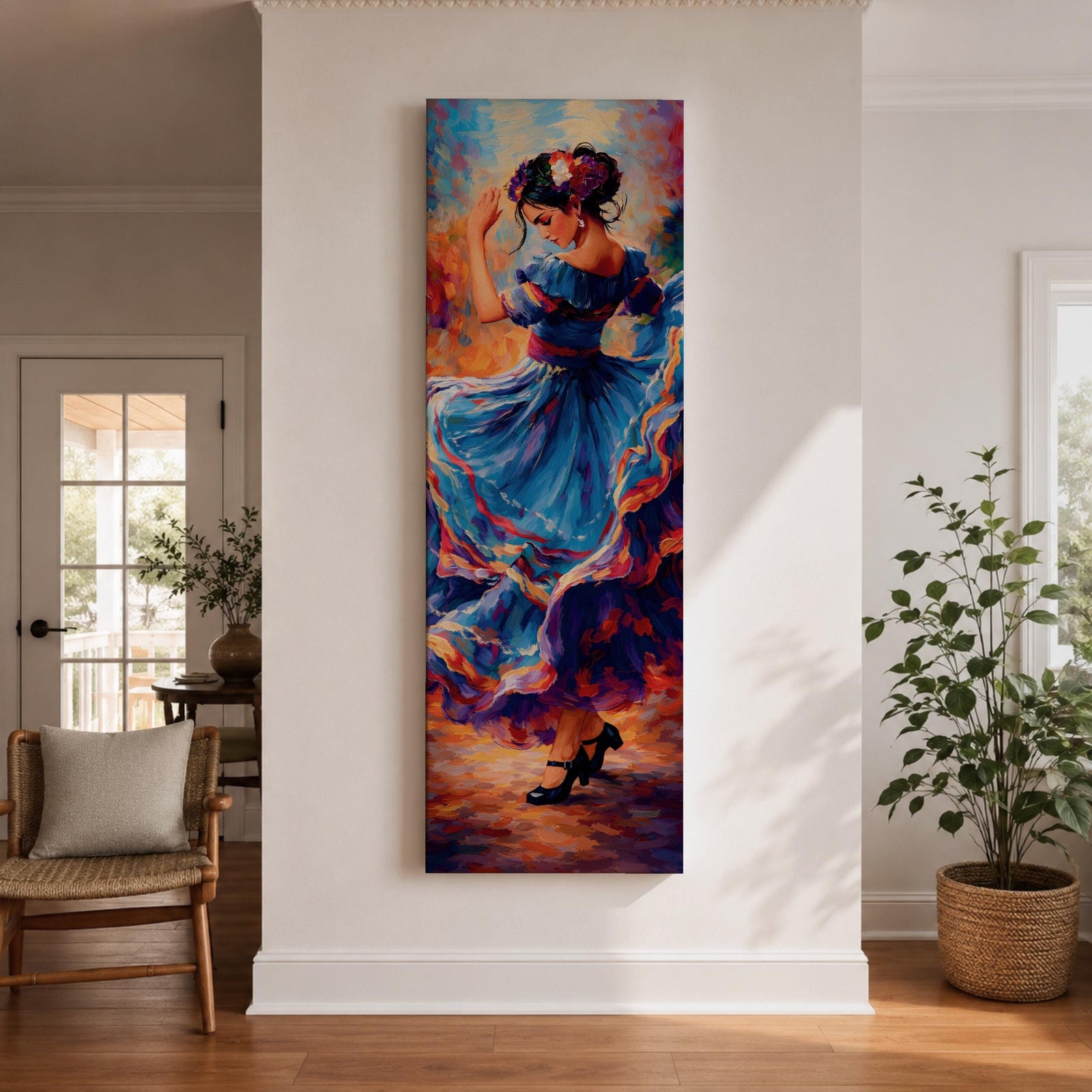 A tall narrow vertical depiction of a flamenco dancer mid movement, wearing a flowing blue dress with layered ruffles that swirl outward, her arm raised gracefully and head turned downward, rendered with expressive brushwork and rich warm tones that create motion, rhythm, and a dynamic sense of dance.