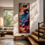A tall narrow vertical depiction of a flamenco dancer mid movement, wearing a flowing blue dress with layered ruffles that swirl outward, her arm raised gracefully and head turned downward, rendered with expressive brushwork and rich warm tones that create motion, rhythm, and a dynamic sense of dance.