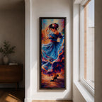 A tall narrow vertical depiction of a flamenco dancer mid movement, wearing a flowing blue dress with layered ruffles that swirl outward, her arm raised gracefully and head turned downward, rendered with expressive brushwork and rich warm tones that create motion, rhythm, and a dynamic sense of dance.