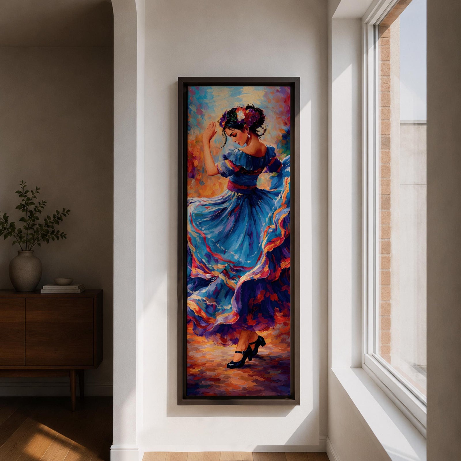 A tall narrow vertical depiction of a flamenco dancer mid movement, wearing a flowing blue dress with layered ruffles that swirl outward, her arm raised gracefully and head turned downward, rendered with expressive brushwork and rich warm tones that create motion, rhythm, and a dynamic sense of dance.