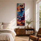 A tall narrow vertical depiction of a flamenco dancer mid movement, wearing a flowing blue dress with layered ruffles that swirl outward, her arm raised gracefully and head turned downward, rendered with expressive brushwork and rich warm tones that create motion, rhythm, and a dynamic sense of dance.
