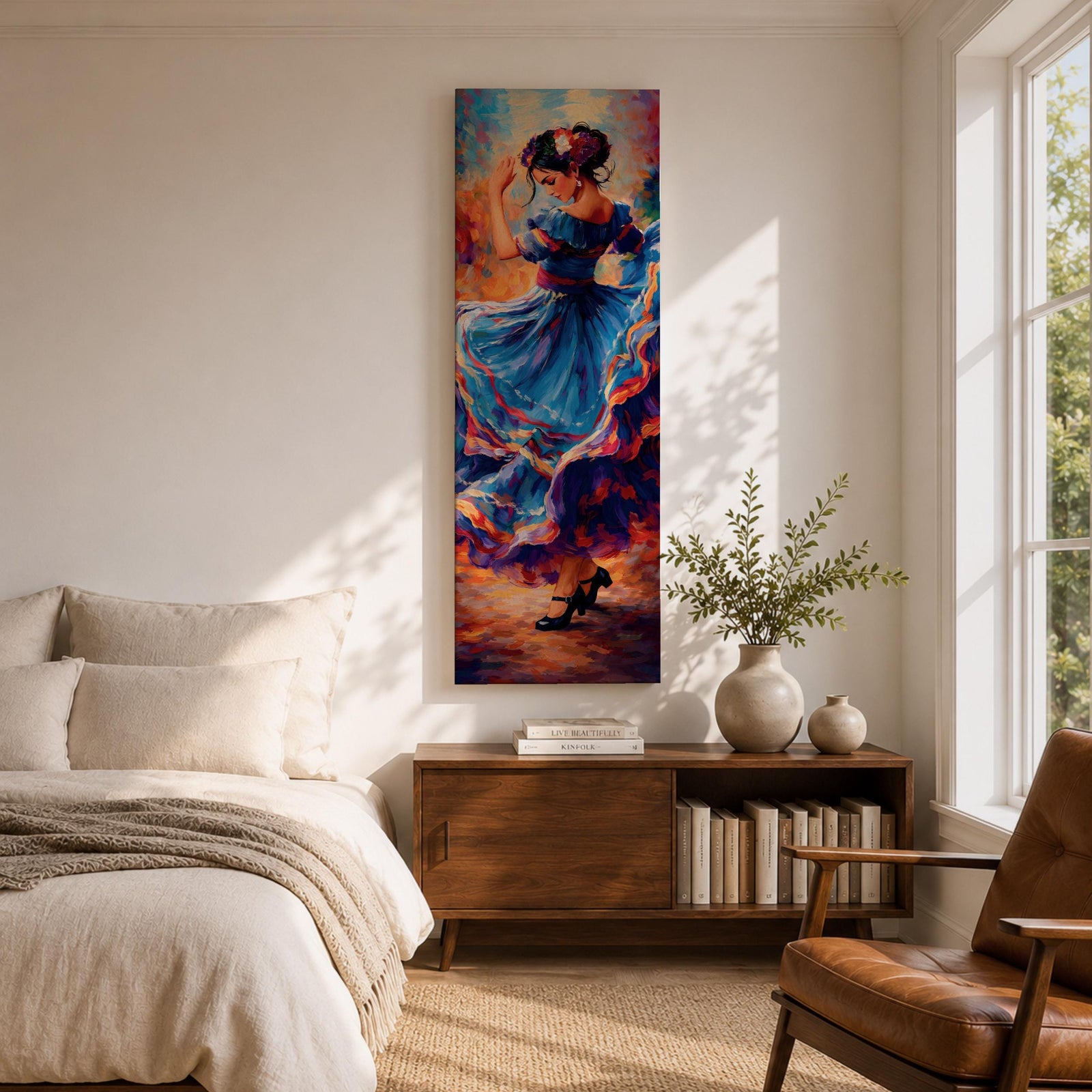A tall narrow vertical depiction of a flamenco dancer mid movement, wearing a flowing blue dress with layered ruffles that swirl outward, her arm raised gracefully and head turned downward, rendered with expressive brushwork and rich warm tones that create motion, rhythm, and a dynamic sense of dance.