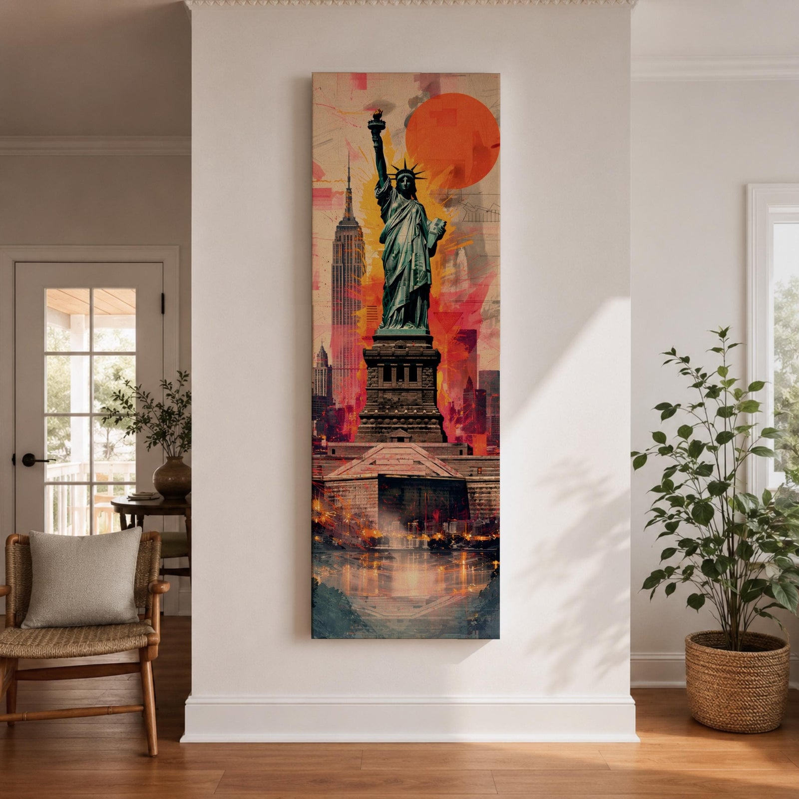 A tall narrow vertical depiction of the Statue of Liberty standing above a stylized New York skyline, with the Empire State Building behind and a bold abstract background featuring a large red sun and layered geometric textures, creating a dynamic composition with strong contrast, depth, and urban energy.