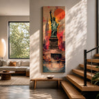 A tall narrow vertical depiction of the Statue of Liberty standing above a stylized New York skyline, with the Empire State Building behind and a bold abstract background featuring a large red sun and layered geometric textures, creating a dynamic composition with strong contrast, depth, and urban energy.