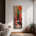 A tall narrow vertical depiction of the Statue of Liberty standing above a stylized New York skyline, with the Empire State Building behind and a bold abstract background featuring a large red sun and layered geometric textures, creating a dynamic composition with strong contrast, depth, and urban energy.