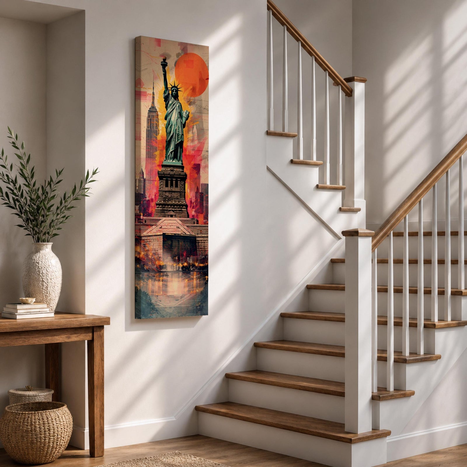 A tall narrow vertical depiction of the Statue of Liberty standing above a stylized New York skyline, with the Empire State Building behind and a bold abstract background featuring a large red sun and layered geometric textures, creating a dynamic composition with strong contrast, depth, and urban energy.