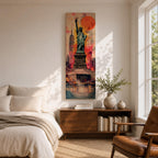 A tall narrow vertical depiction of the Statue of Liberty standing above a stylized New York skyline, with the Empire State Building behind and a bold abstract background featuring a large red sun and layered geometric textures, creating a dynamic composition with strong contrast, depth, and urban energy.
