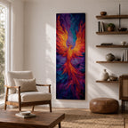 A tall vertical painting depicts a vibrant phoenix with wings fully extended, rendered in bold flowing strokes of fiery orange, red, and gold blending into deep purples and blues, its elongated tail cascading downward in fluid motion, creating a dynamic abstract firebird rising with intense color contrast and expressive texture.