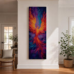 A tall vertical painting depicts a vibrant phoenix with wings fully extended, rendered in bold flowing strokes of fiery orange, red, and gold blending into deep purples and blues, its elongated tail cascading downward in fluid motion, creating a dynamic abstract firebird rising with intense color contrast and expressive texture.