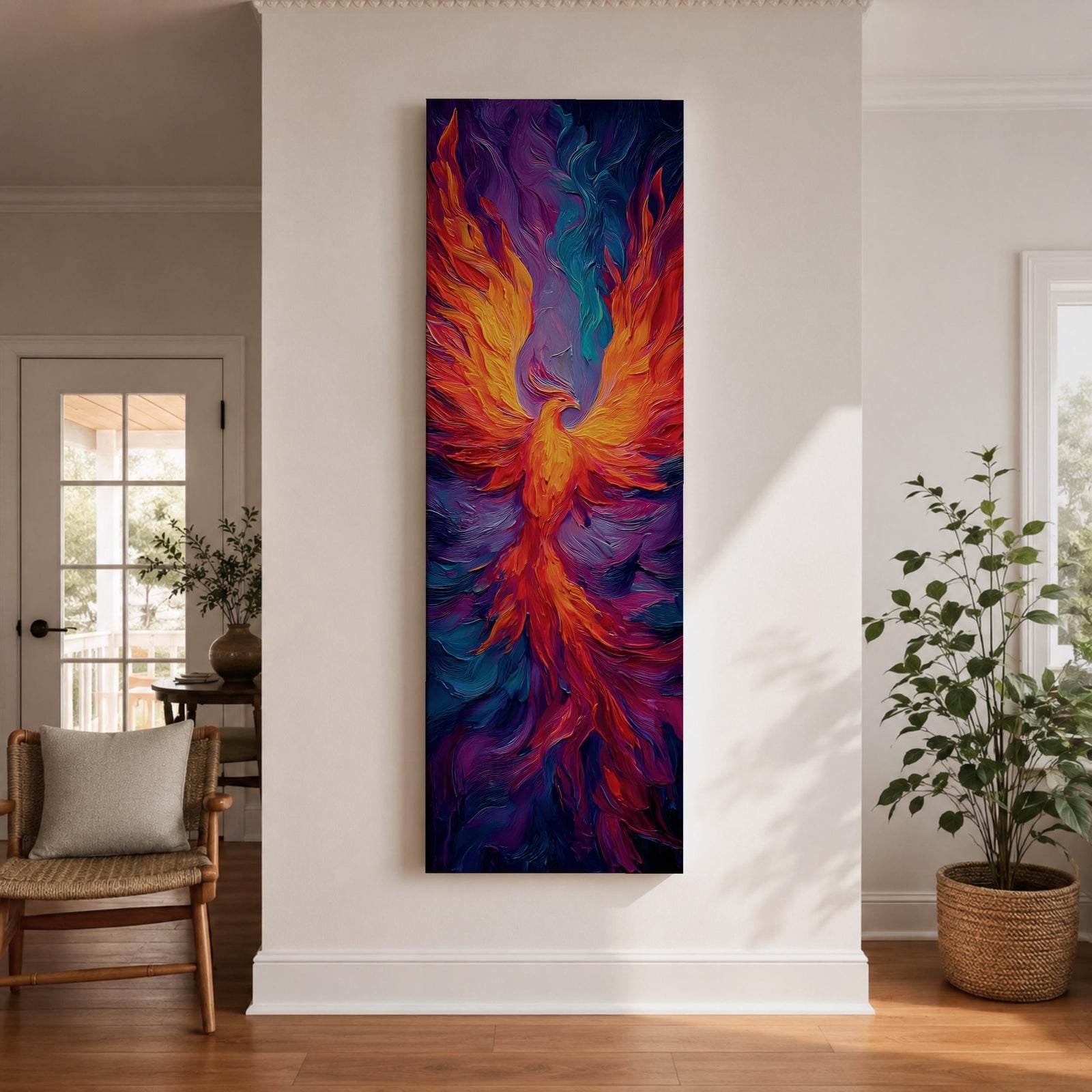A tall vertical painting depicts a vibrant phoenix with wings fully extended, rendered in bold flowing strokes of fiery orange, red, and gold blending into deep purples and blues, its elongated tail cascading downward in fluid motion, creating a dynamic abstract firebird rising with intense color contrast and expressive texture.