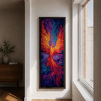 A tall vertical painting depicts a vibrant phoenix with wings fully extended, rendered in bold flowing strokes of fiery orange, red, and gold blending into deep purples and blues, its elongated tail cascading downward in fluid motion, creating a dynamic abstract firebird rising with intense color contrast and expressive texture.
