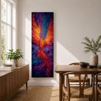 A tall vertical painting depicts a vibrant phoenix with wings fully extended, rendered in bold flowing strokes of fiery orange, red, and gold blending into deep purples and blues, its elongated tail cascading downward in fluid motion, creating a dynamic abstract firebird rising with intense color contrast and expressive texture.