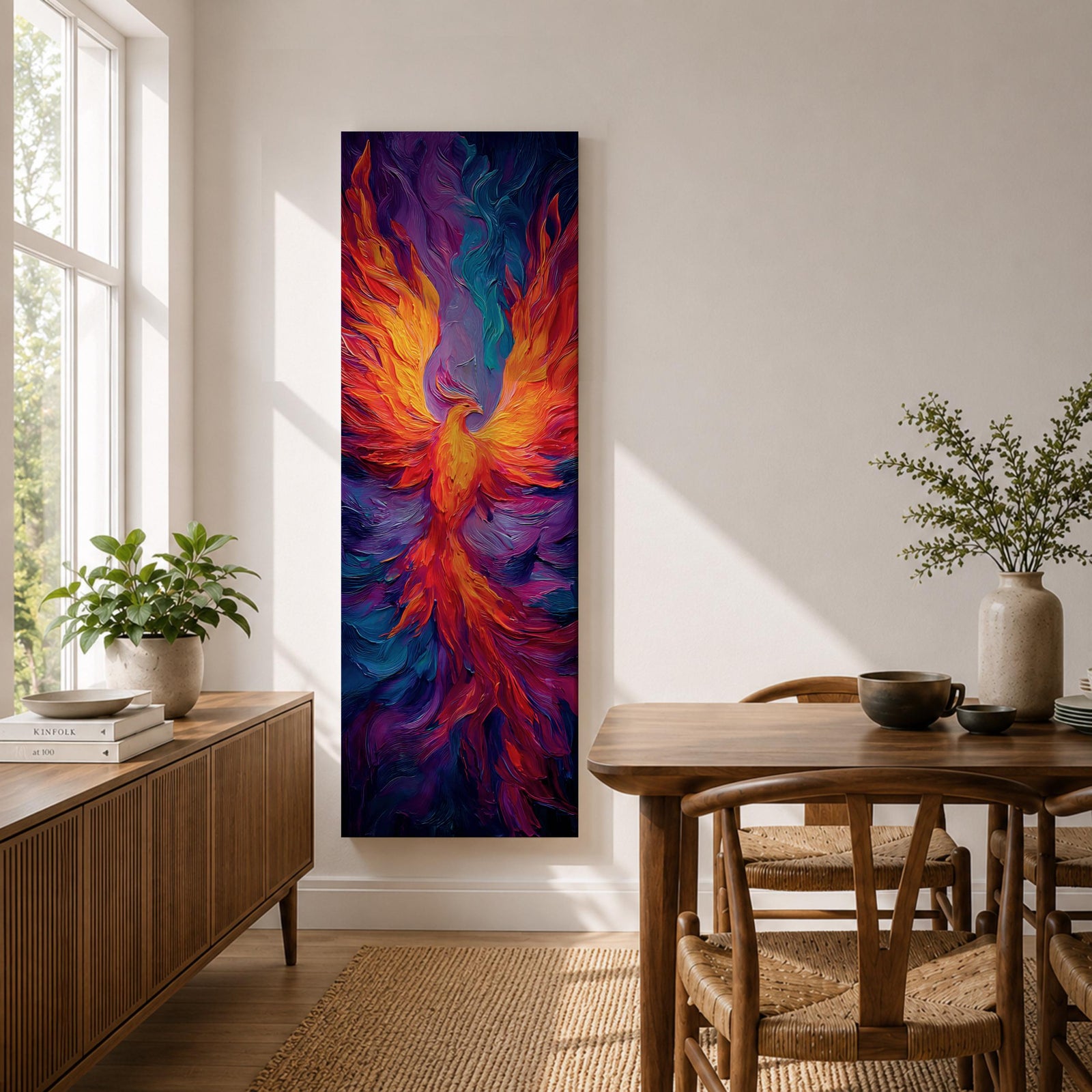 A tall vertical painting depicts a vibrant phoenix with wings fully extended, rendered in bold flowing strokes of fiery orange, red, and gold blending into deep purples and blues, its elongated tail cascading downward in fluid motion, creating a dynamic abstract firebird rising with intense color contrast and expressive texture.