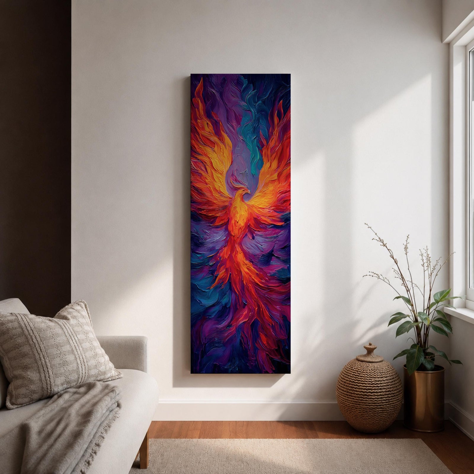 A tall vertical painting depicts a vibrant phoenix with wings fully extended, rendered in bold flowing strokes of fiery orange, red, and gold blending into deep purples and blues, its elongated tail cascading downward in fluid motion, creating a dynamic abstract firebird rising with intense color contrast and expressive texture.