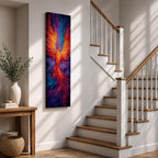 A tall vertical painting depicts a vibrant phoenix with wings fully extended, rendered in bold flowing strokes of fiery orange, red, and gold blending into deep purples and blues, its elongated tail cascading downward in fluid motion, creating a dynamic abstract firebird rising with intense color contrast and expressive texture.