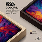A tall vertical painting depicts a vibrant phoenix with wings fully extended, rendered in bold flowing strokes of fiery orange, red, and gold blending into deep purples and blues, its elongated tail cascading downward in fluid motion, creating a dynamic abstract firebird rising with intense color contrast and expressive texture.